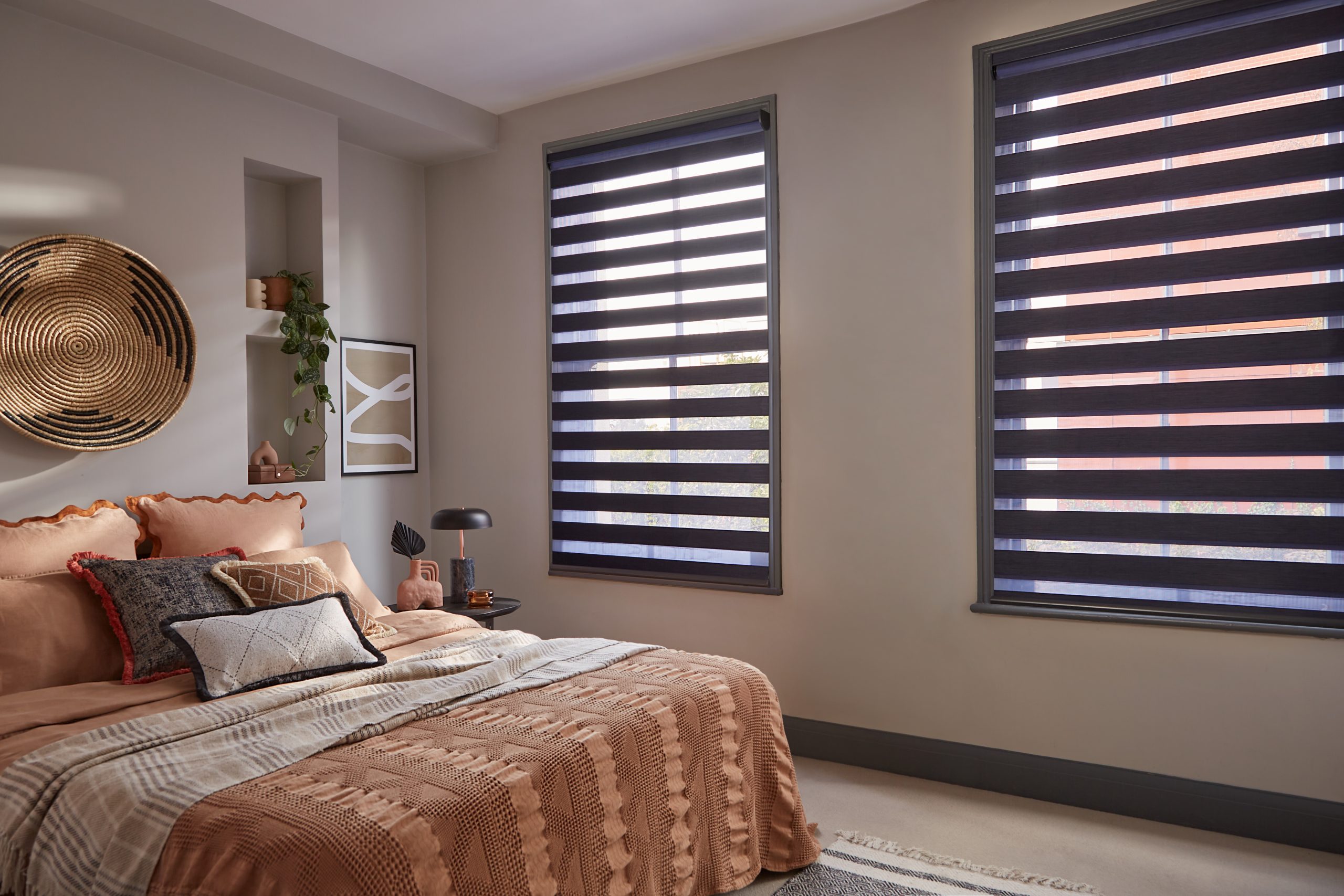 Vision blinds on medium windows in navy bedroom