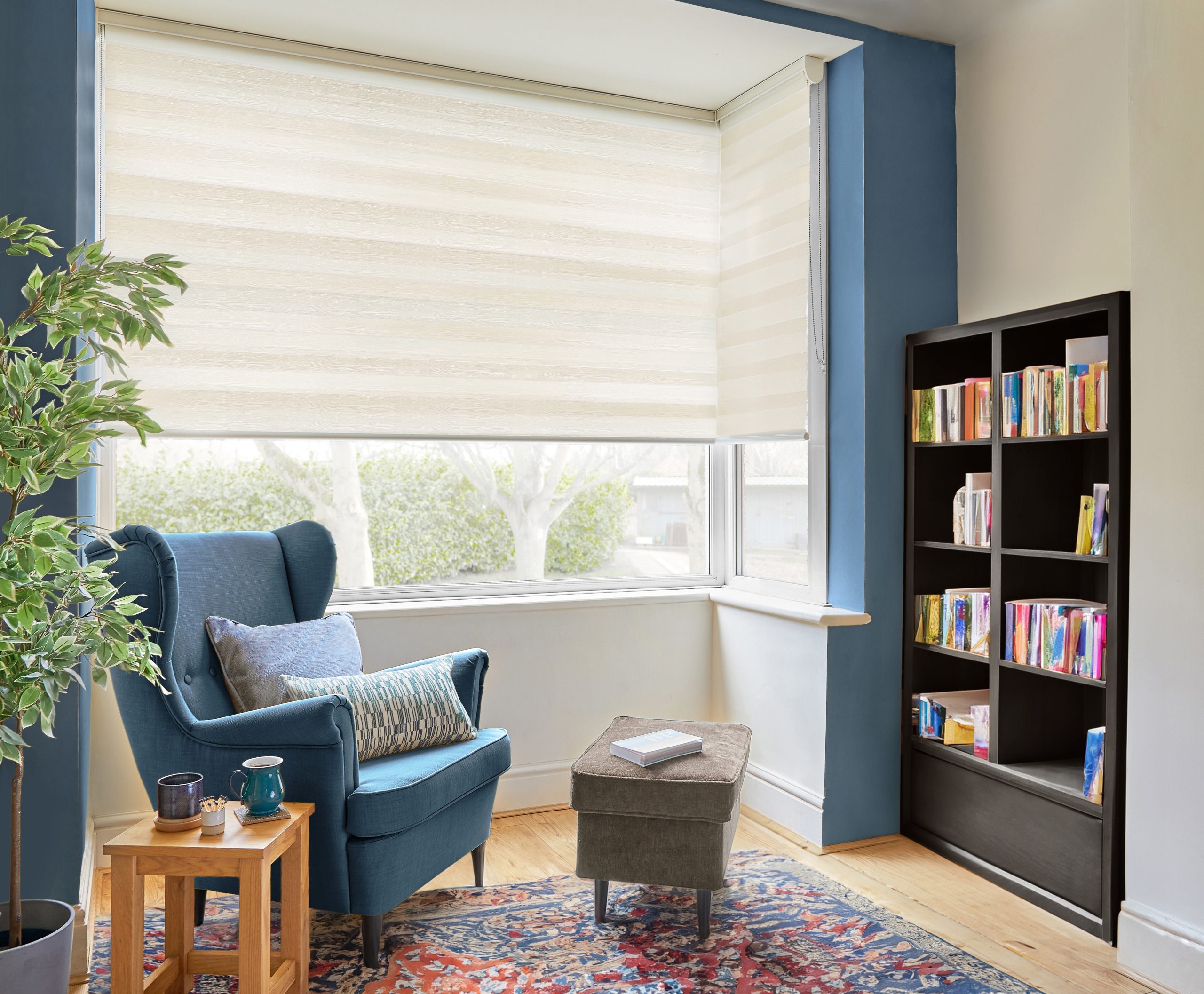 Vision blinds on bay windows in cream living room