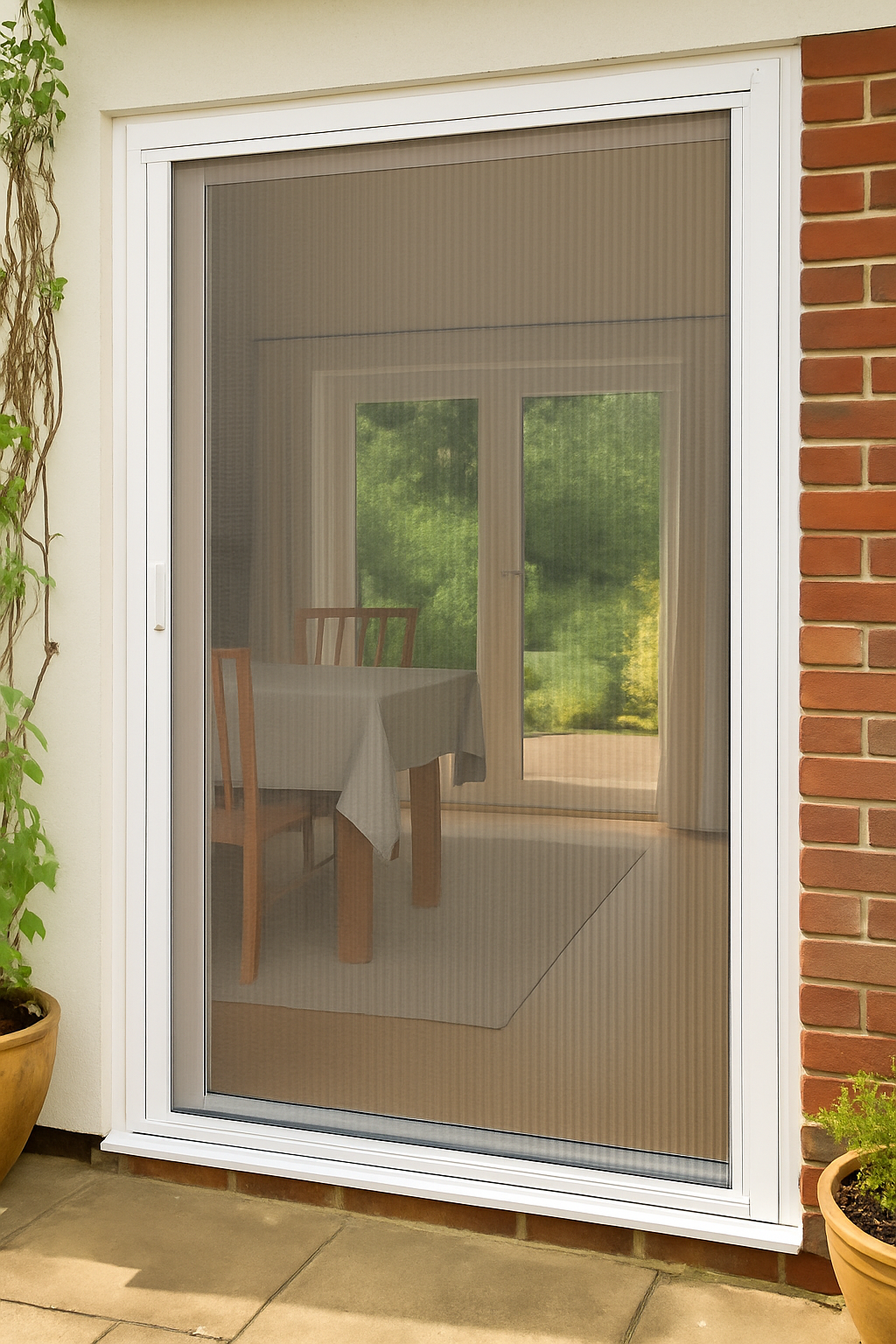 White patio door fully covered by fly screen