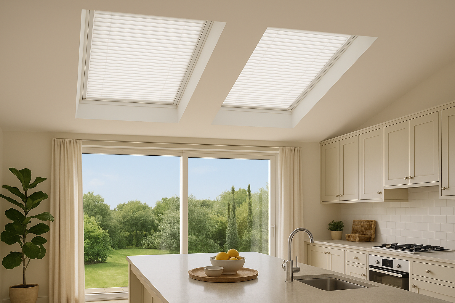 Lantern blinds in bright kitchen space