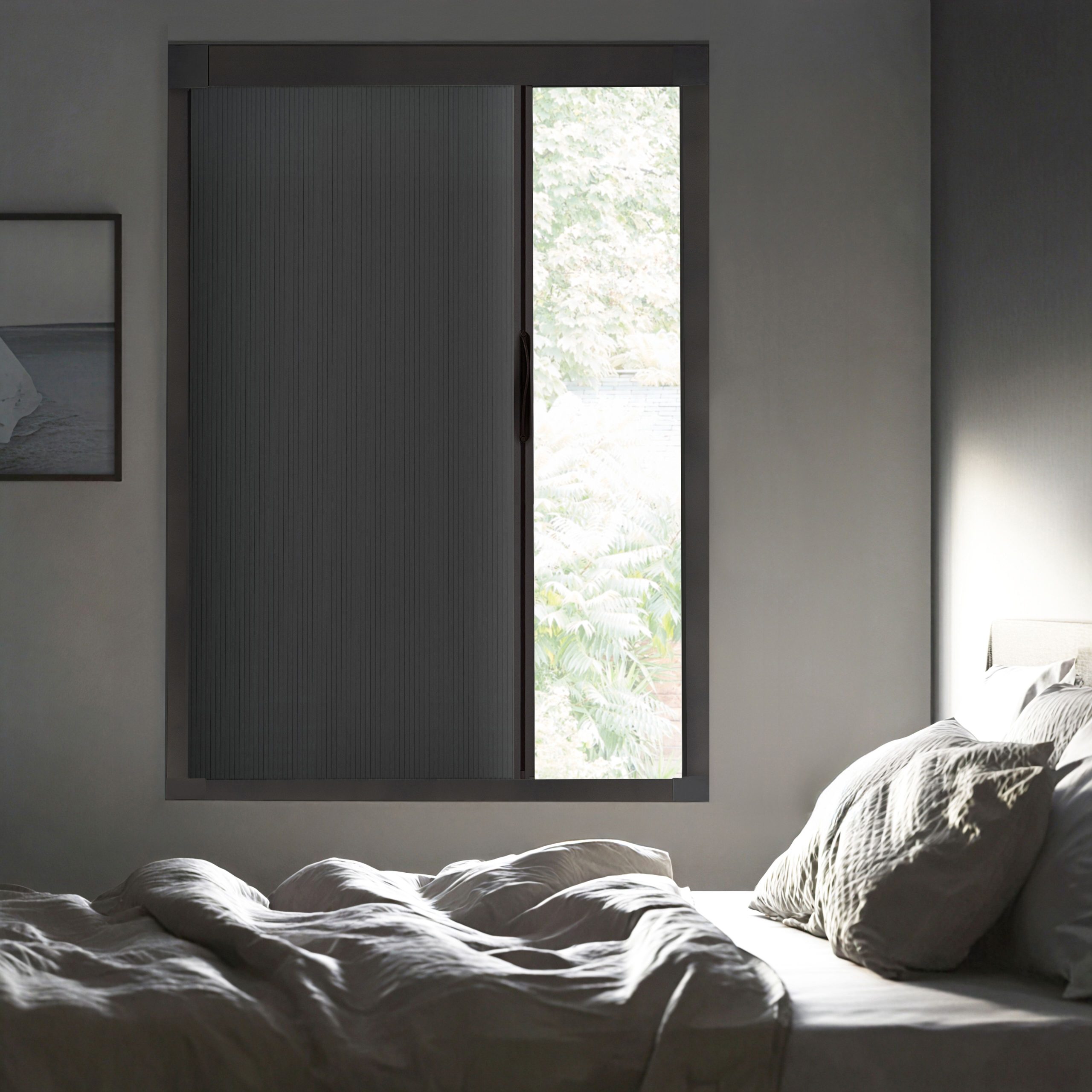 Arena 25 beige screen blind in apartment bedroom