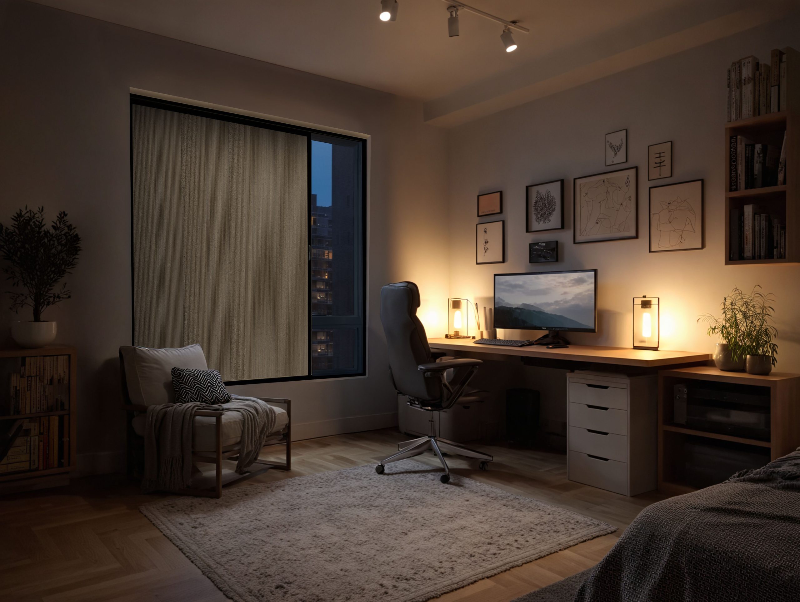 Blind screen beige bedroom scene